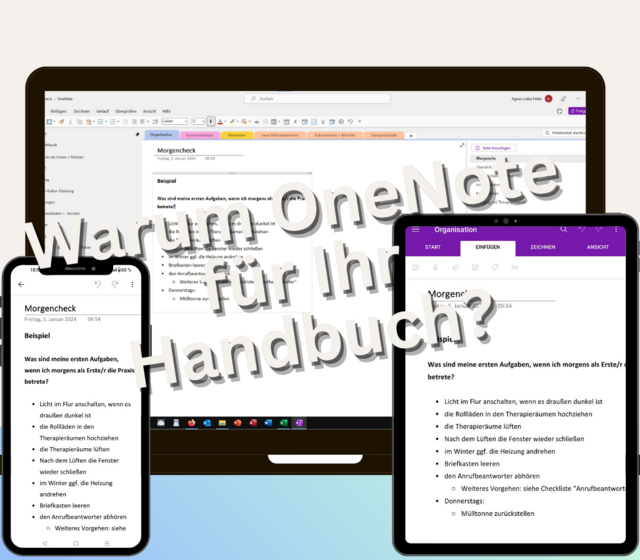 Der Text "Warum OneNote für Ihr Handbuch?" ist über dem Screenshot von OneNote zu lesen